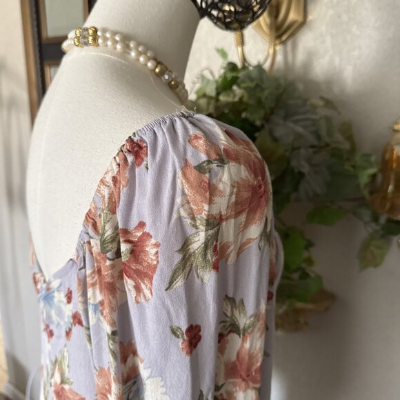 Women's Floral Dress Flowy Long Bell Sleeve Tie Front Deep Zipper V Back Size S - Picture 11 of 15